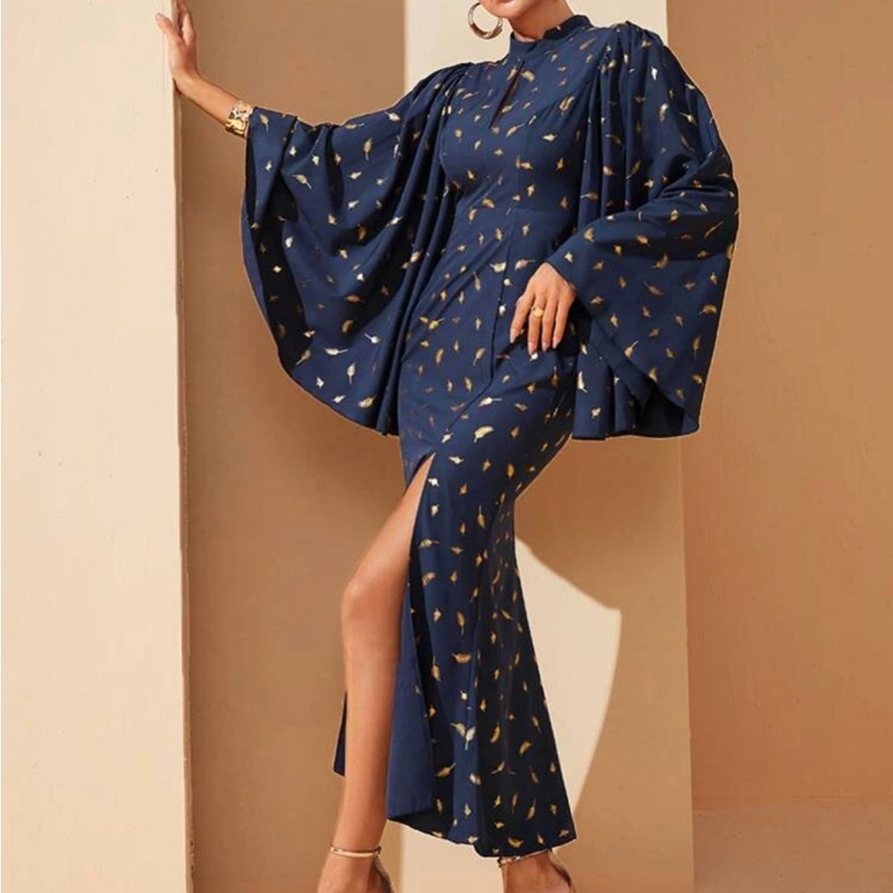 Chic Navy Dress with Gold Patterns